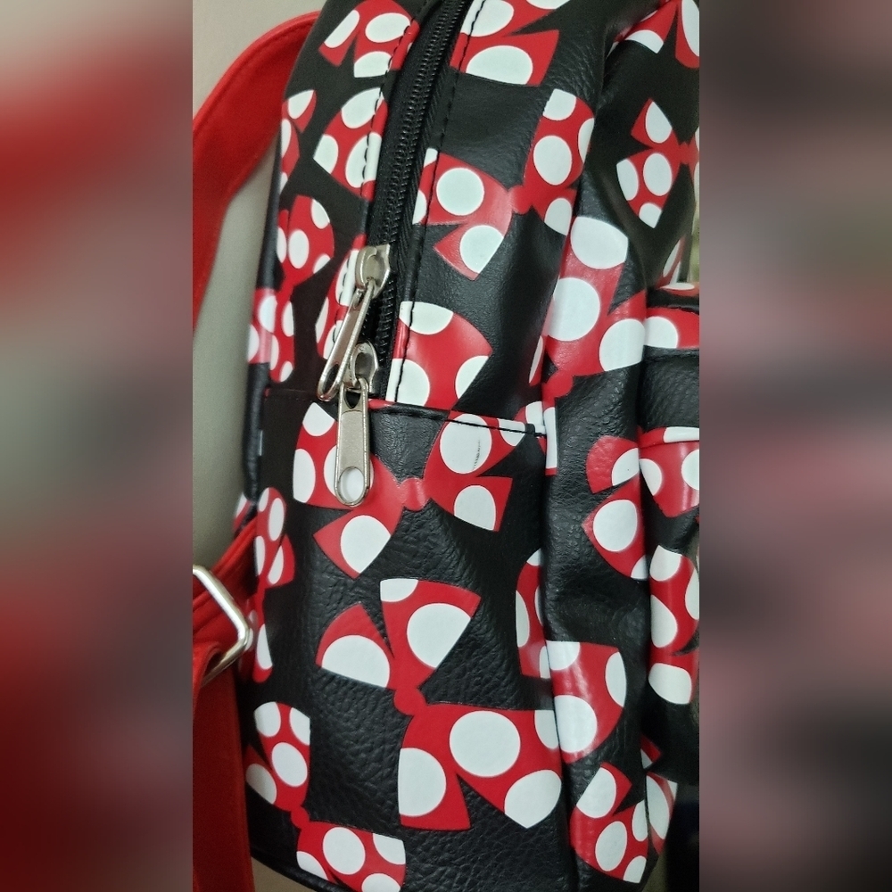 Disney Parks Minnie Mouse Bows Mini Backpack Red Black Travel Bag - Picture 7 of 7